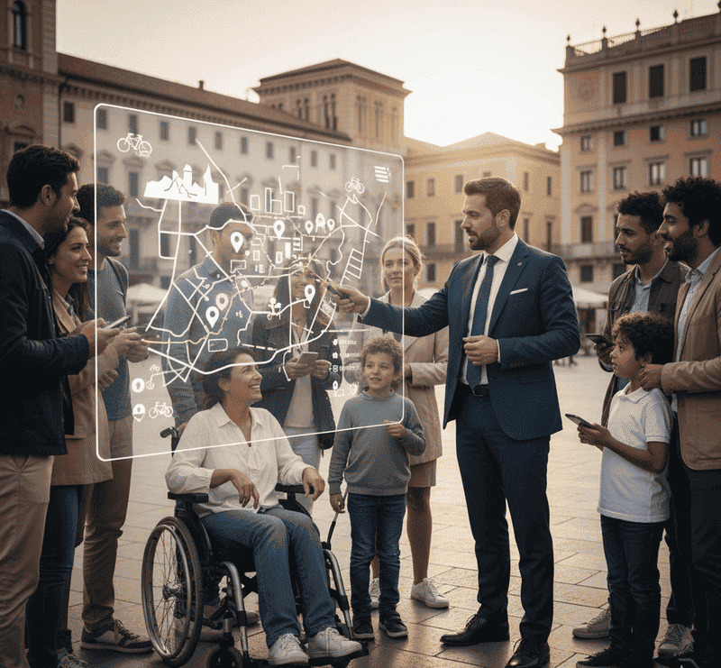 Professionisti e cittadini discutono un progetto su un tavolo touch interattivo in un ufficio moderno, simboleggiando la comunicazione di progetto nella Pubblica Amministrazione.