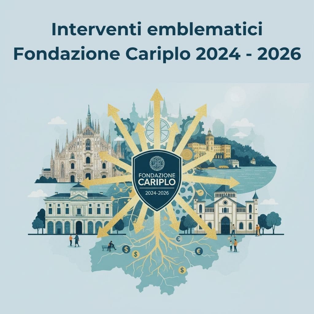 Illustrazione con logo Fondazione Cariplo, frecce dorate verso icone lombarde e mappa stilizzata della regione con radici e denaro, simboleggiando i "Interventi Cariplo 2024-2026".