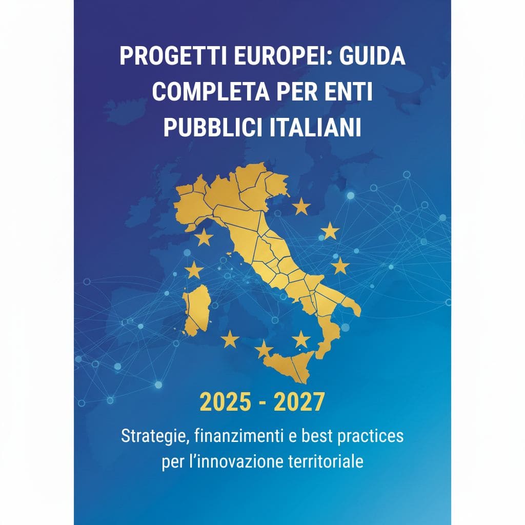Progetti europei 2025-2027 – Guida per enti pubblici italiani strategie, finanziamenti e best practice Copertina “Progetti europei 2025-2027: guida per enti pubblici italiani” con mappa d’Italia in oro e stelle UE su sfondo blu