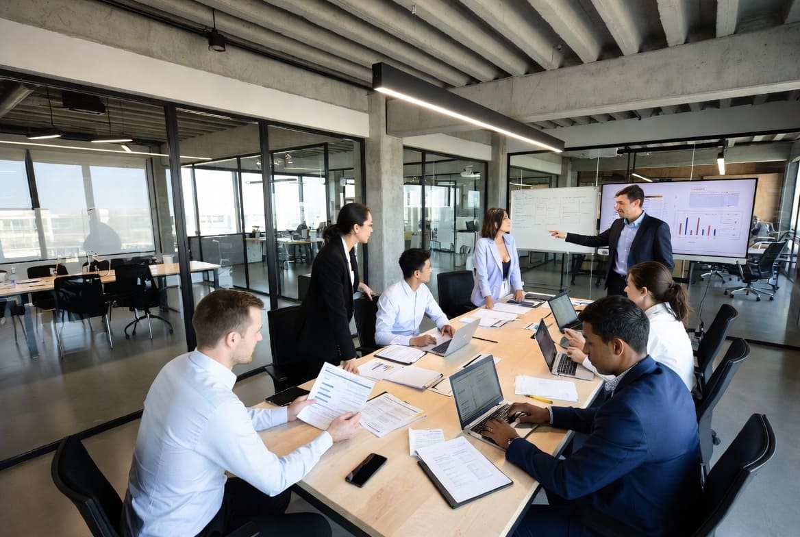 Riunione di lavoro in ufficio moderno con team multietnico attorno al tavolo, che discute di strategia e analisi dati per consulenza PNRR, con presentazione su schermo digitale per la pubblica amministrazione.